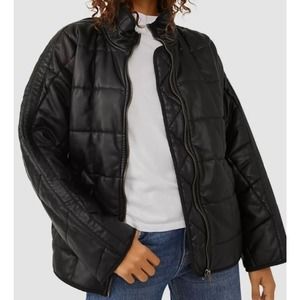Free People Women's Black Quilted vegan Leather Coat Jacket